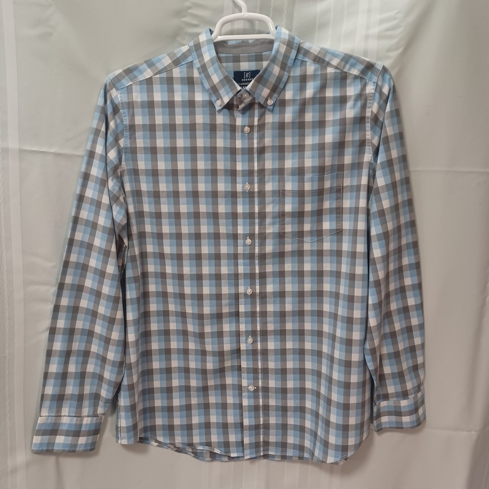 George Men Classic Fit Blue Grey Gingham Button Down Shirt L 42-44 WM36197199-09